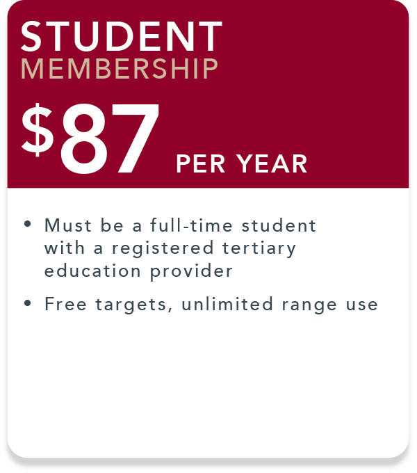 Student membership. $87 per year. Must be a full-time student with a registered tertiary education provider. Free targets, unlimited range use.