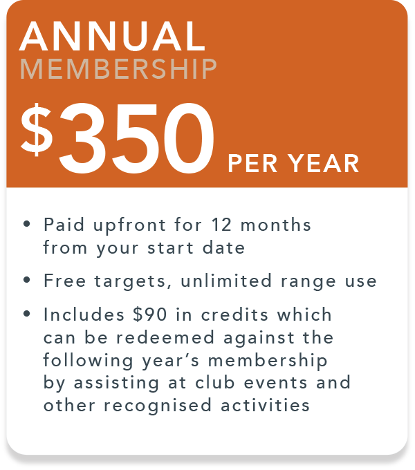 Annual Membership. $350 per year. Paid upfront for 12 months from your start date. Free targets, unlimited range use. Includes $90 in credits which can be redeemed against the following year's membership by assisting at club events and other recognised activities.